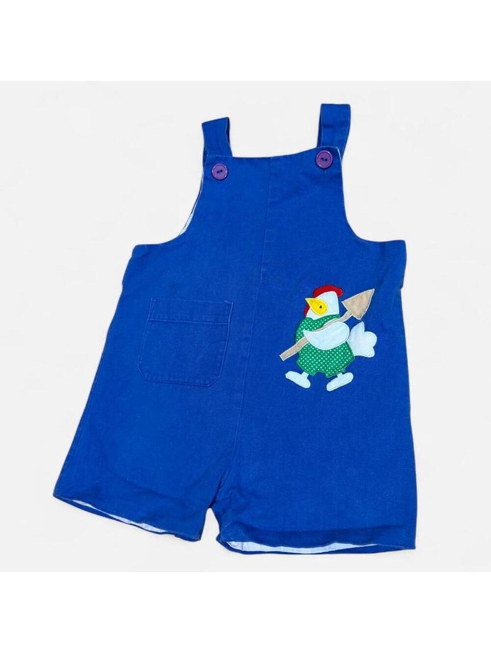 Vintage Toddler Shortalls Farm Chicken Appliqué 12-24M Blue 80s 90s